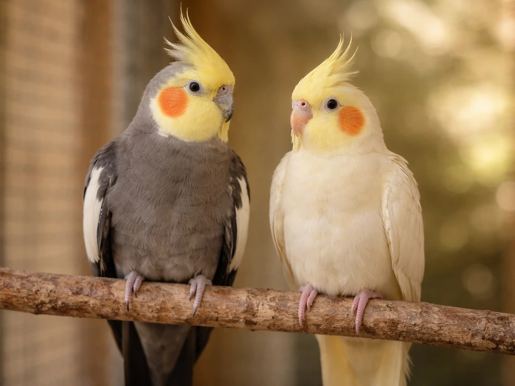 Two cockatiels on a branch—grey and lutino—side by side showing color and age differences.