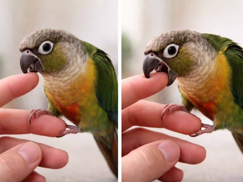 Two small parrots show gentle nibbling versus a sudden biting posture on a calm hand perch.
