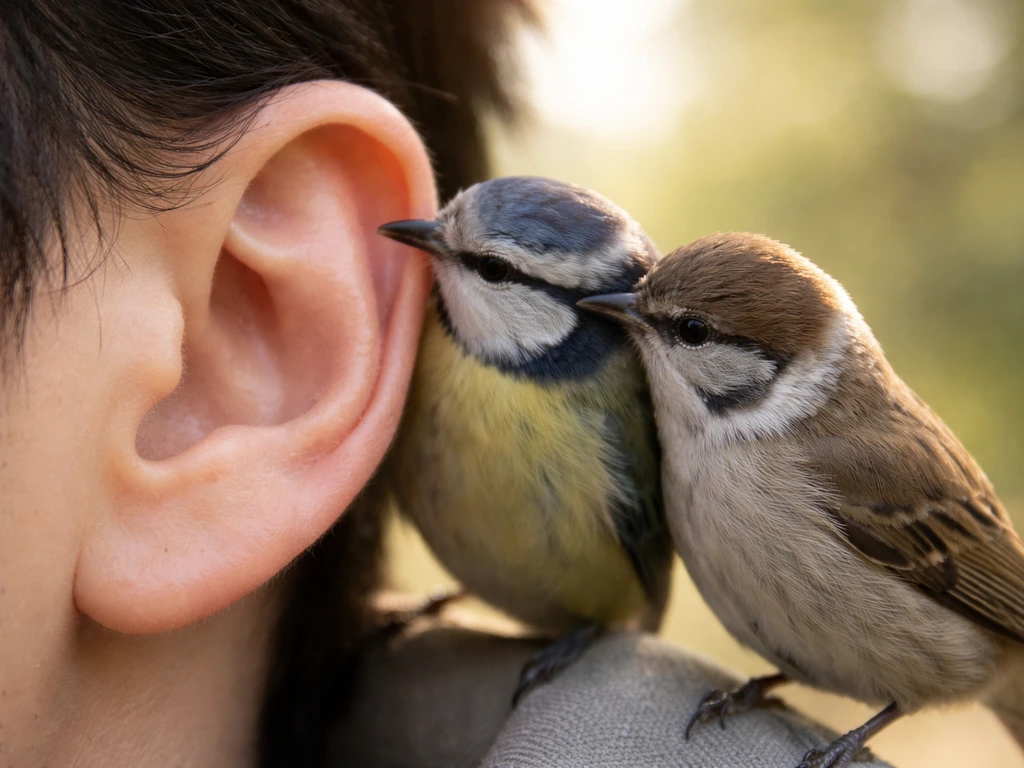 Close-up of two small birds preening around a human ear in soft natural light