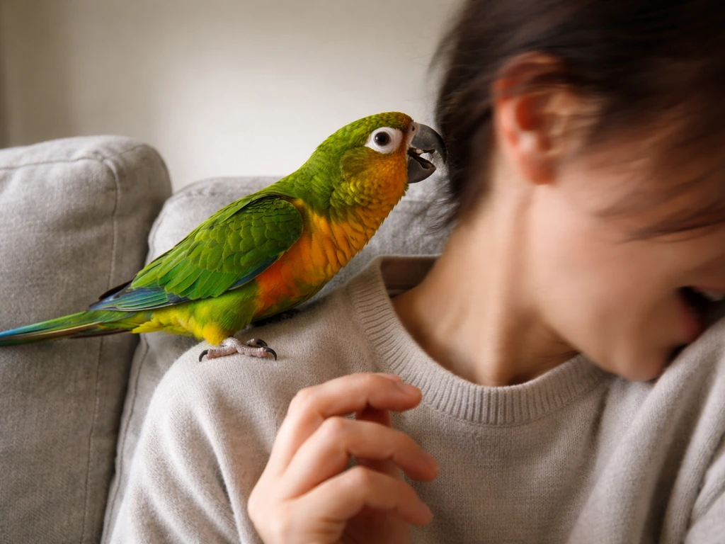 A pet parrot repeatedly nibbling a person’s ear while the person turns their head in reaction.