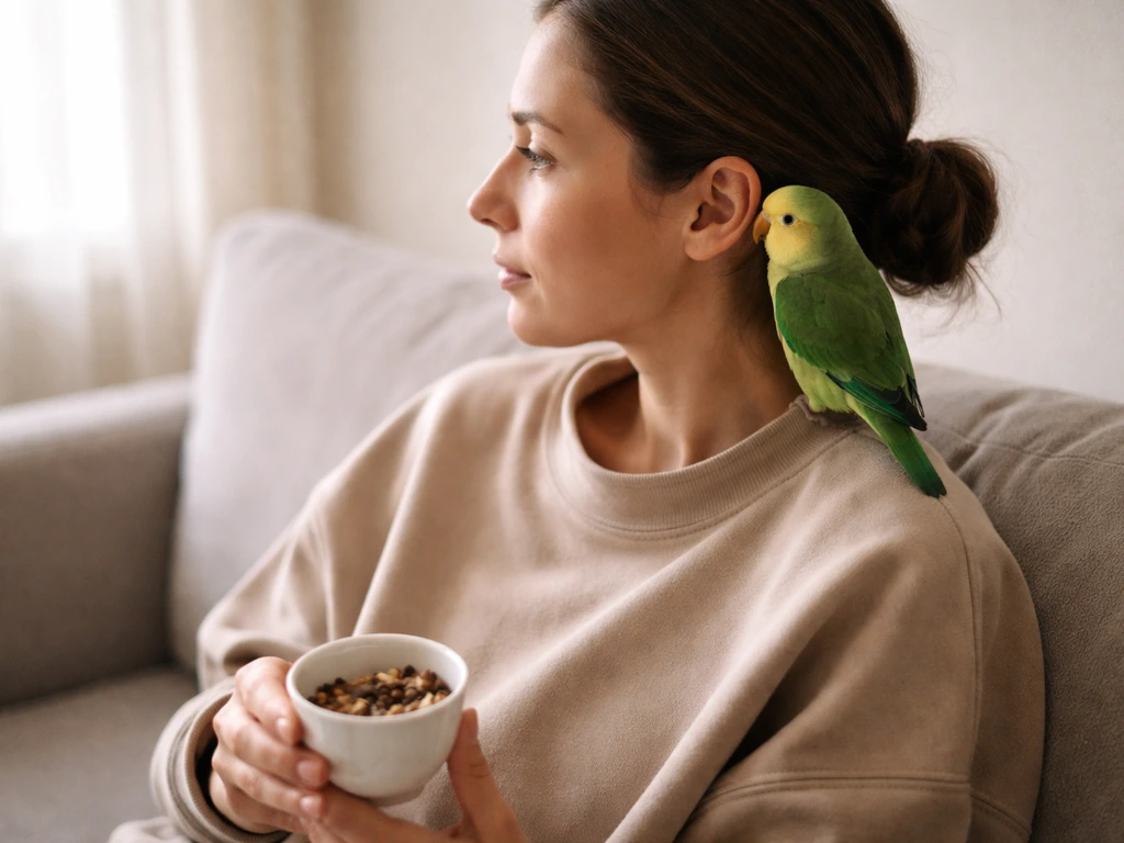 Calm person holding a treat cup while a small bird pauses near their ear in a quiet room.