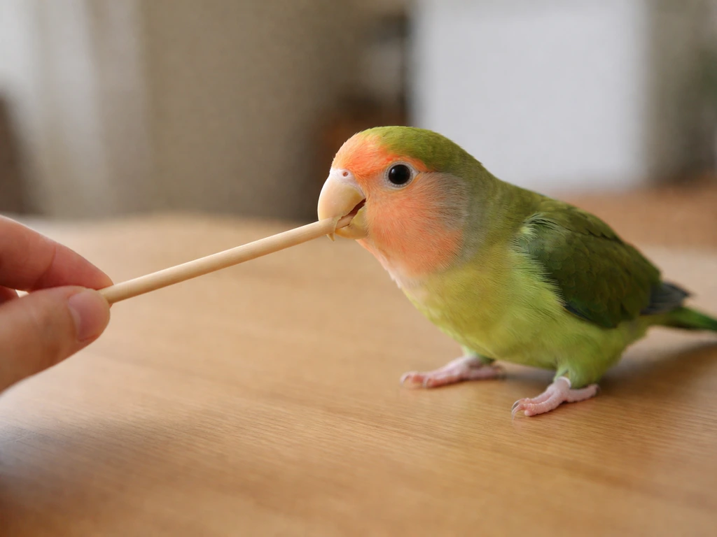 Small parrot beak touching a simple target stick on a tabletop near the owner’s hand