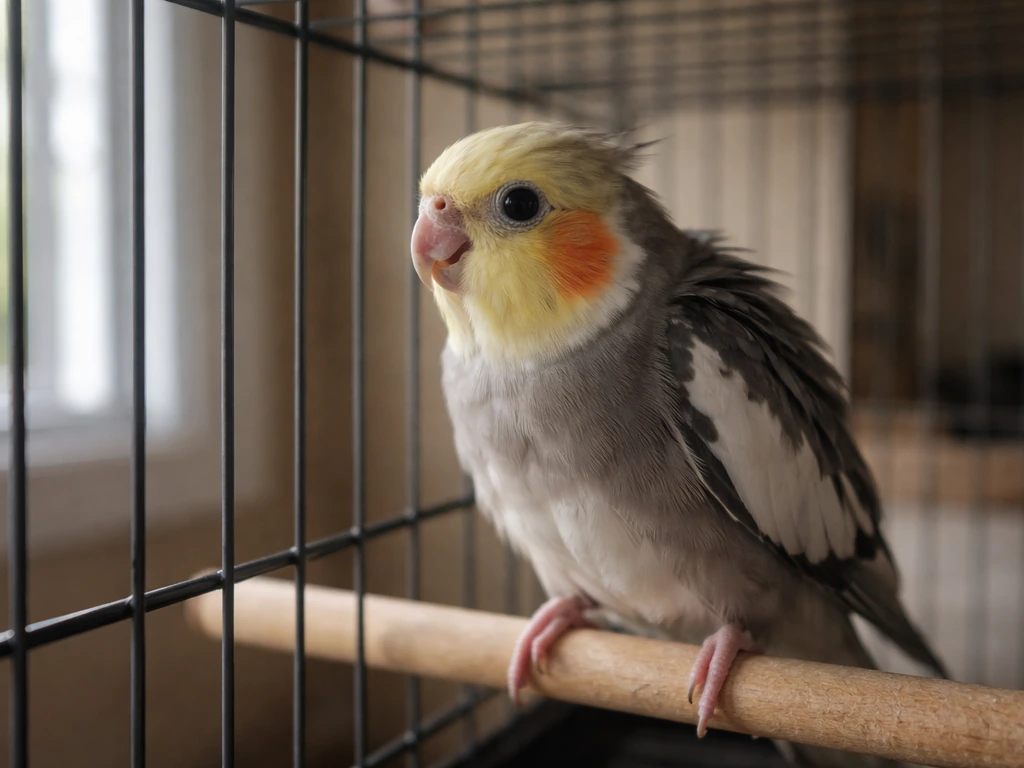 A small bird in its cage looks startled near the bars, showing generalized fear in a calm indoor setting.