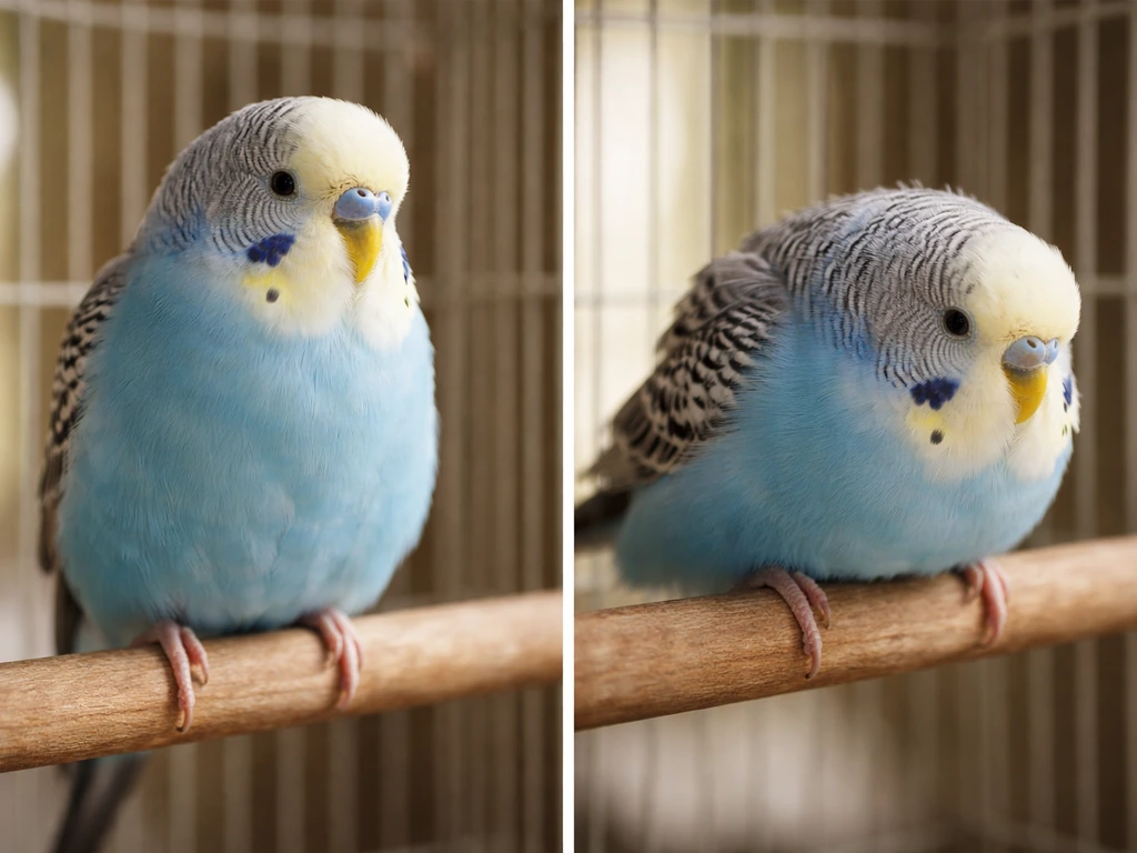 A small bird on a perch shows relaxed posture on one side and fearful crouching with wide eyes on the other.