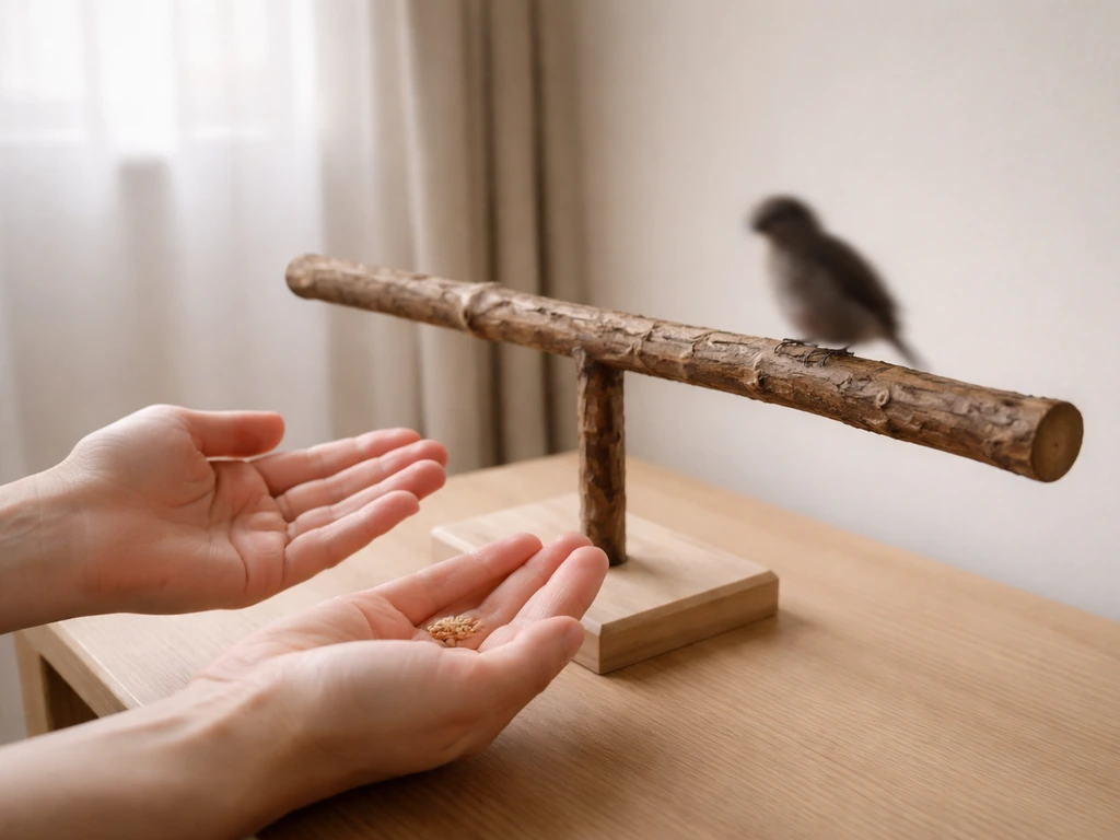 Calm hands offering a small treat near a bird step-up perch in a quiet, well-lit room