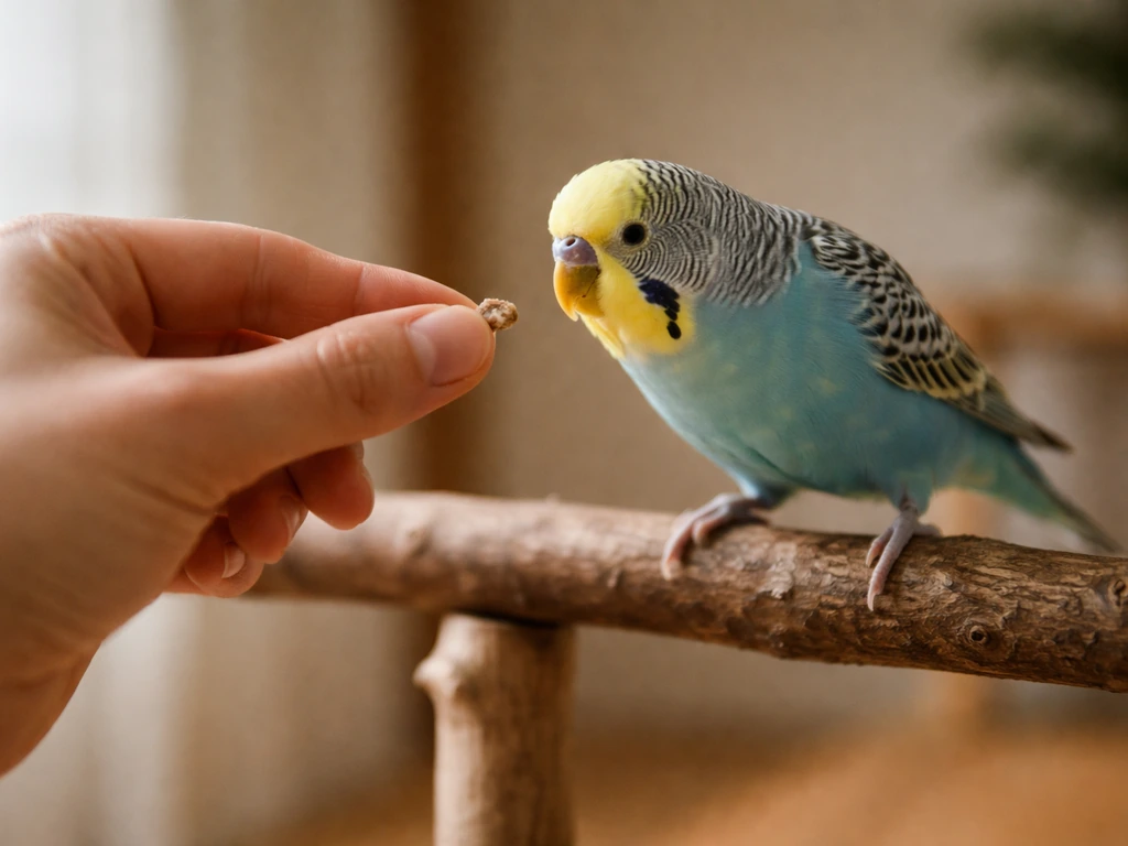 Calm pet bird steps toward an open hand holding a treat during gentle positive reinforcement training.