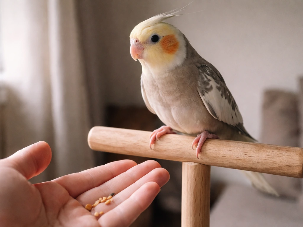 Close-up of a small pet bird on a perch with a relaxed hand offering a treat at an easy distance