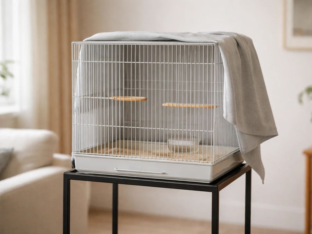Pet bird cage placed at chest-to-eye height in a calm, uncluttered room with soft natural light.