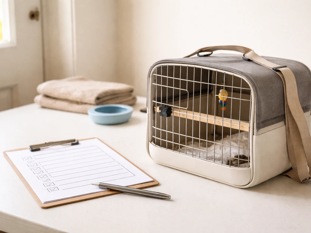 Pet bird carrier on a table with a simple illustrated checklist beside it, ready for a vet visit.