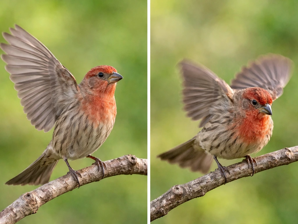 Two views of a small bird flapping wings—calm stretch on one side, frantic posture on the other.