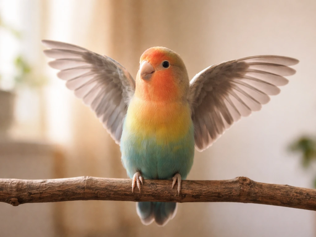 Small pet bird stretching its wings while perched on a natural wooden branch.