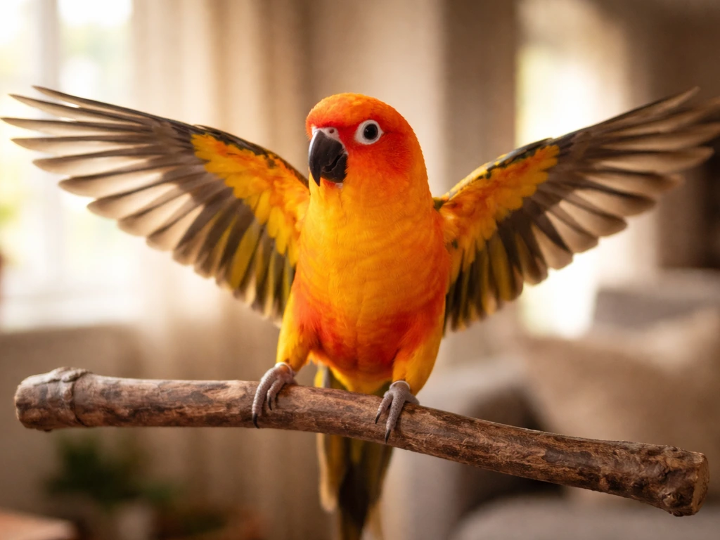 A colorful pet bird excitedly flaps its wings on a perch indoors as the owner enters.