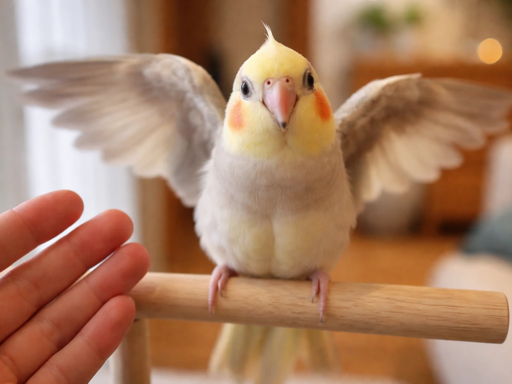 Small pet bird flapping wings on a perch, owner’s hand nearby to pick it up