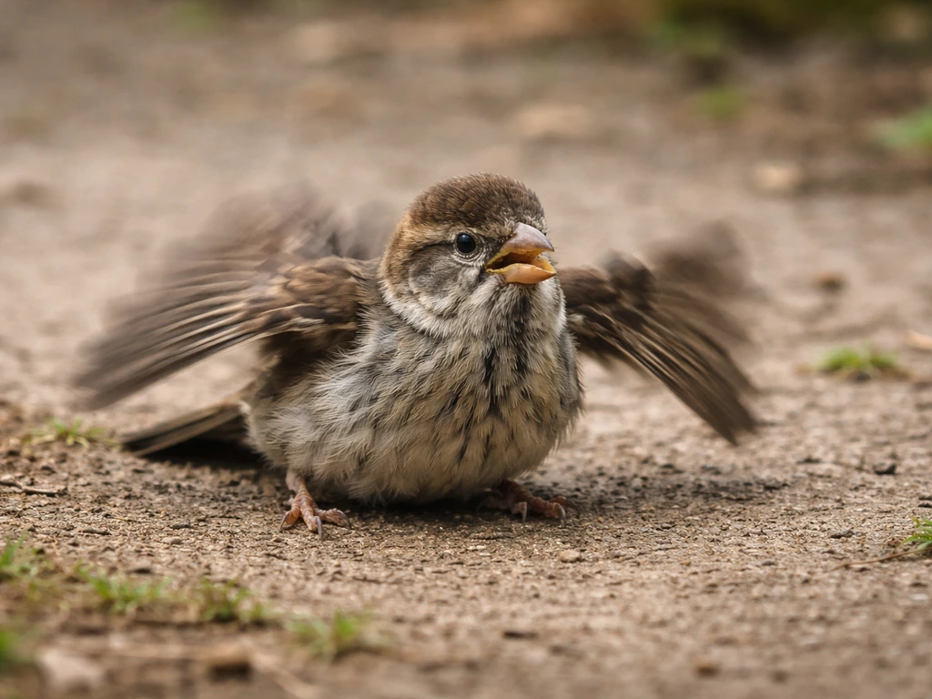 A small bird on the ground with wings slightly away and uncoordinated flapping, struggling to breathe.