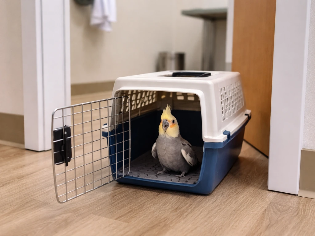 Open pet carrier with a small bird in an alert posture inside a quiet avian vet clinic waiting area.