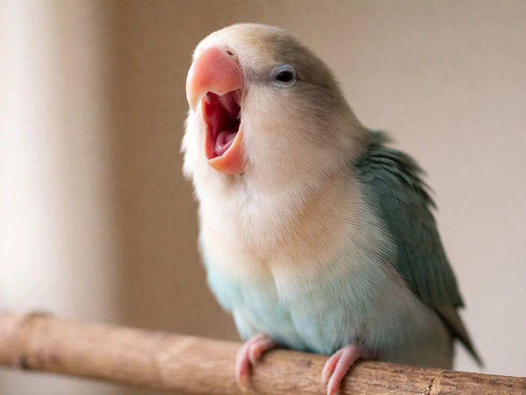 Close-up of a small pet bird yawning with its beak open and neck stretched