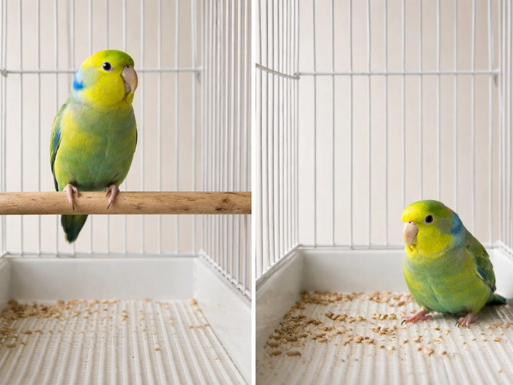 Two small pet birds: one perched high on a cage branch, the other on the cage floor, showing “bottom behavior” is unusua