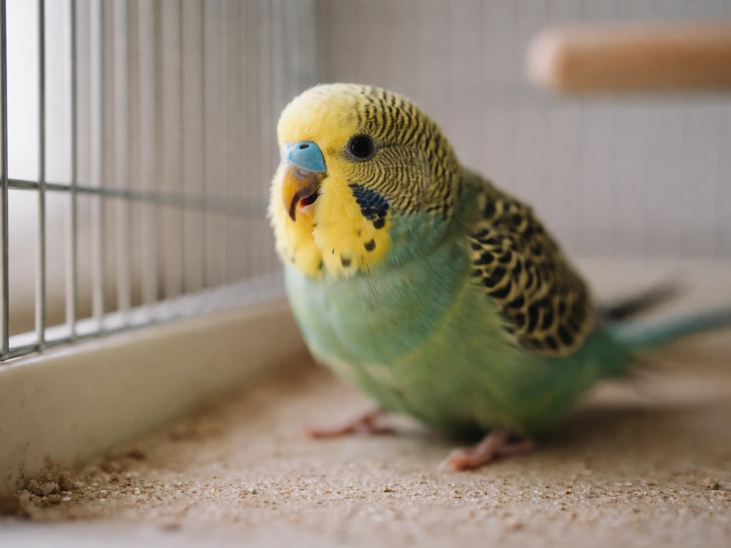 Close-up of a small bird near the cage floor showing open-mouth breathing and tail-bobbing.