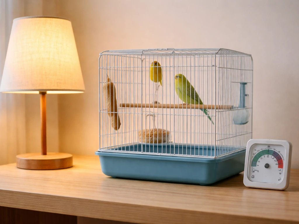 Small bird cage near a safe heat lamp with a nearby thermometer showing a temperature range.
