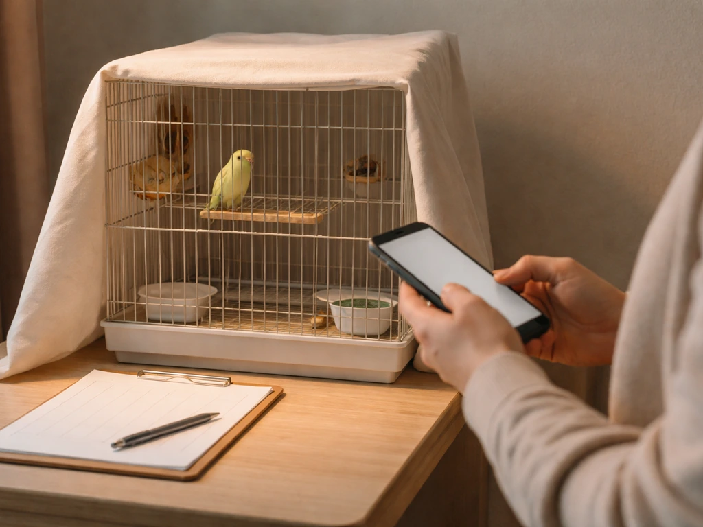 Caregiver’s hands checking a notebook beside a partially covered bird cage in a calm, dim room.