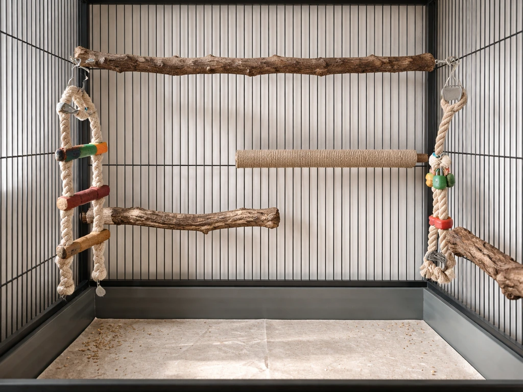 Indoor bird cage interior showing multiple perches and climbing items while the floor stays open.