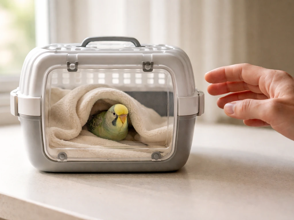 Pet bird resting in a carrier under a soft warm blanket, with an owner’s hand nearby preparing to help.