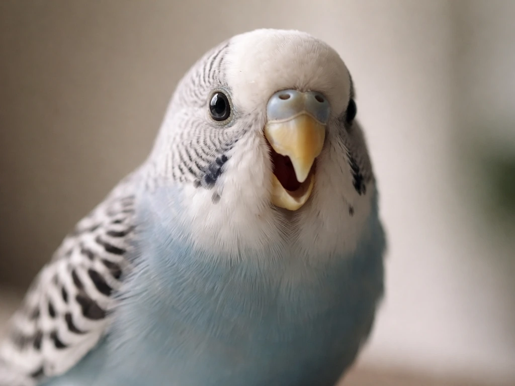 Close-up of a small pet bird with its beak slightly open, showing open-mouth breathing
