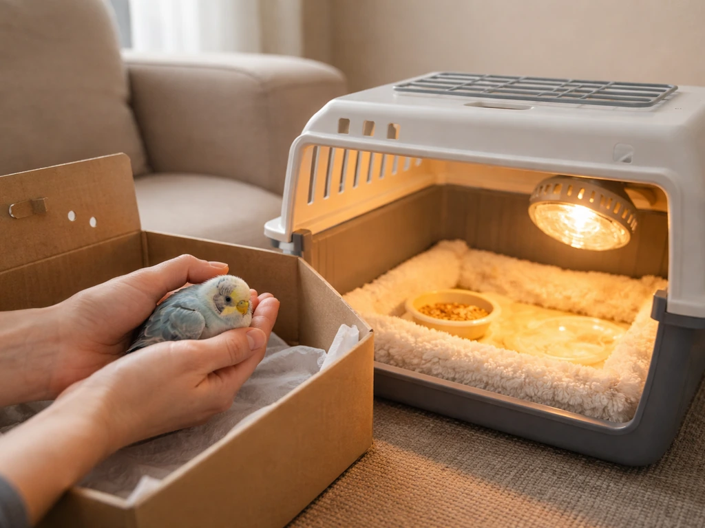 Hands move a small pet bird into a warm, quiet home enclosure near safe heat and fresh air.