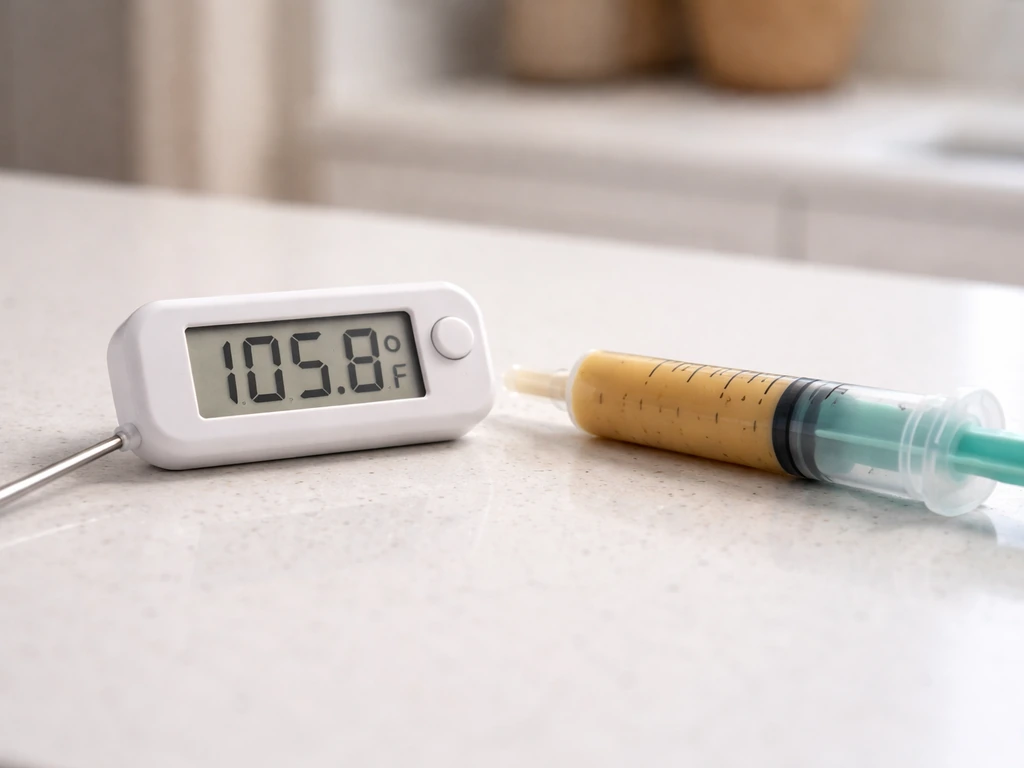 Close-up of thermometer and feeding syringe setup for safe baby-bird hand-feeding temperature control.