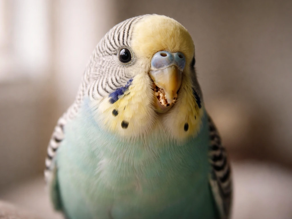 Close-up of a small pet bird’s beak and face, showing gentle beak movement in a simple indoor setting.