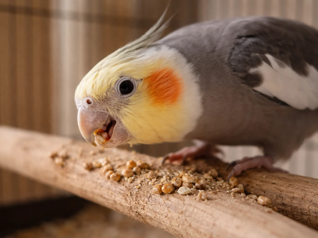 Small parrot grinding its beak while chewing and manipulating pellets on a wooden perch.