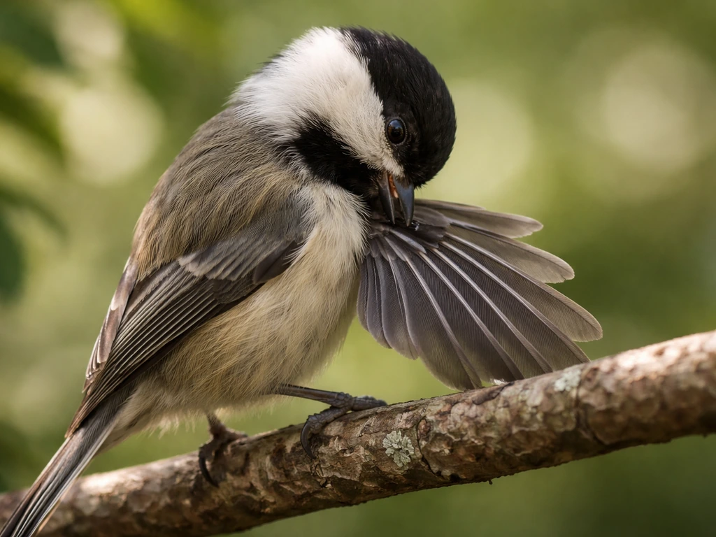 Close-up of a small bird preening, its beak working along overlapping feathers