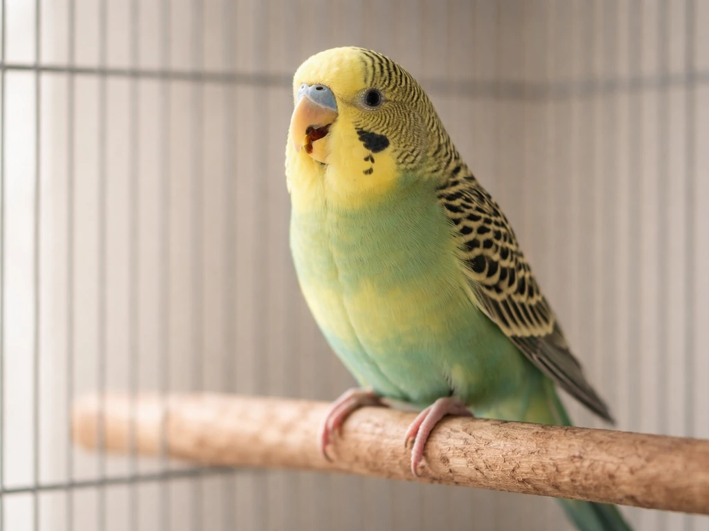 Small pet bird in a simple indoor cage with slightly open-mouth breathing and mild tail-bobbing posture.