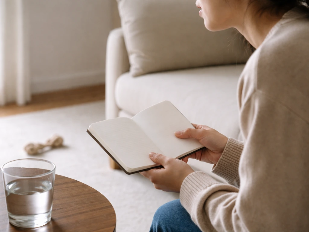 Anonymous person listening closely beside a couch, with blank notebook and a small chew toy nearby.