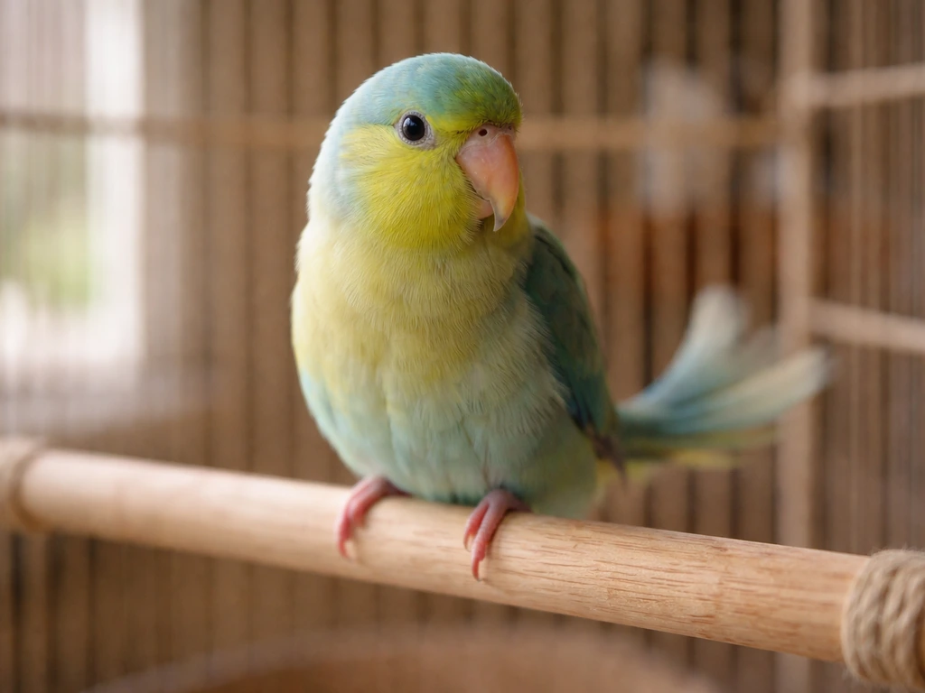 Close-up of a pet bird perched calmly while its tail gently shakes, showing normal behavior
