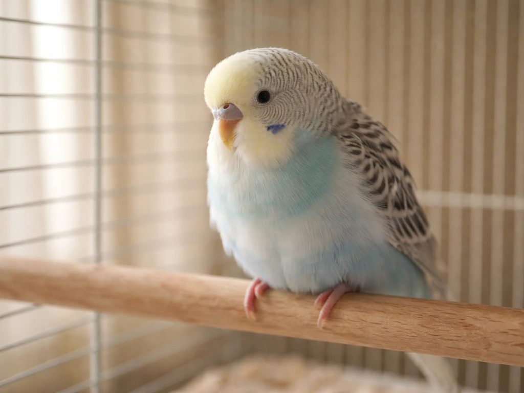 Close-up of a pet bird with fluffed feathers in a calm indoor cage, looking slightly hunched