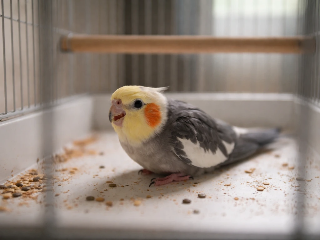 Single pet bird on the cage floor with mildly open beak, appearing stressed and breathing hard.