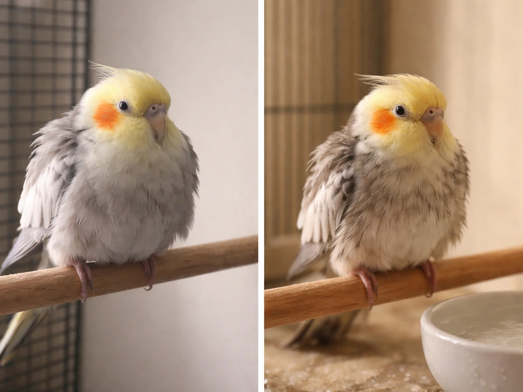 Side-by-side bird photos: sustained fluffed feathers on the left vs brief post-bath fluff on the right.