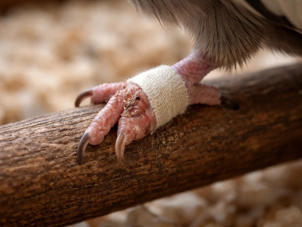 Close-up of a bird’s foot with a bandaged, irritated pad suggesting bumblefoot from rough perch contact
