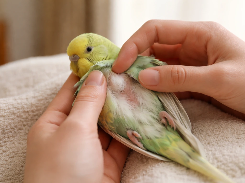 Careful at-home check of a small pet bird’s feathers with gentle, calm hands.