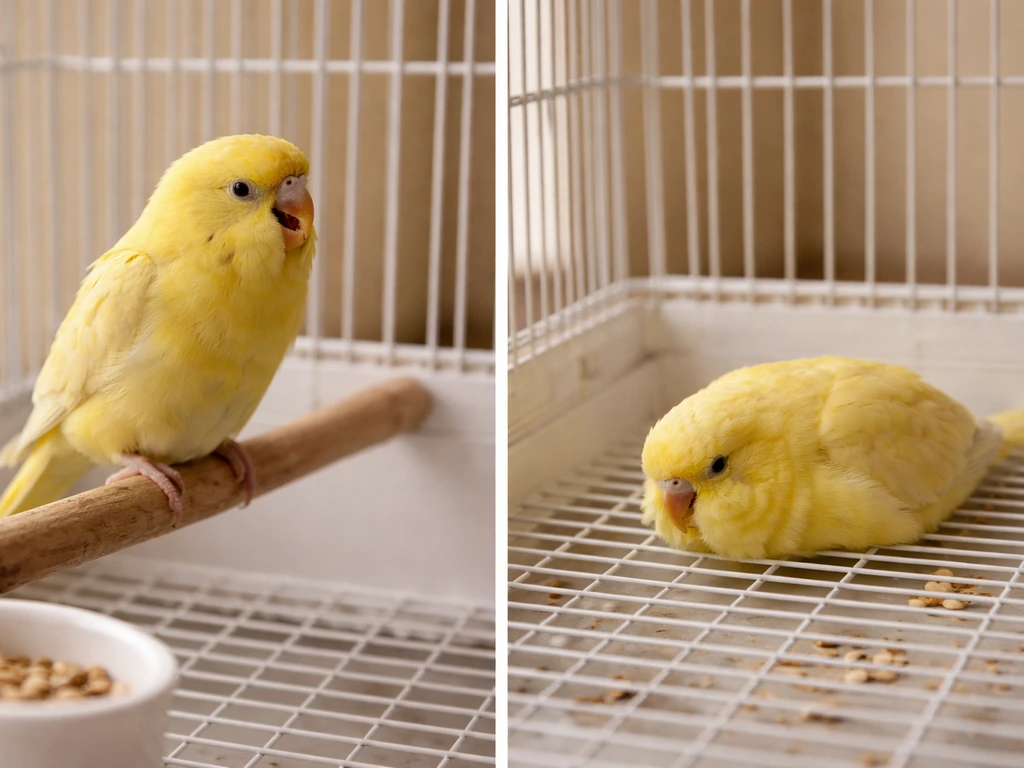 Small pet bird with open-mouth breathing and tail bobbing, paired with bird lying on cage floor.