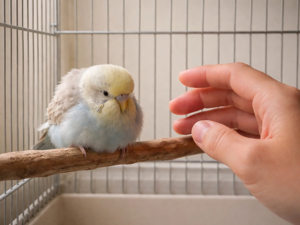 Small pet bird fluffed and perched low, with an owner’s hand nearby in natural light.