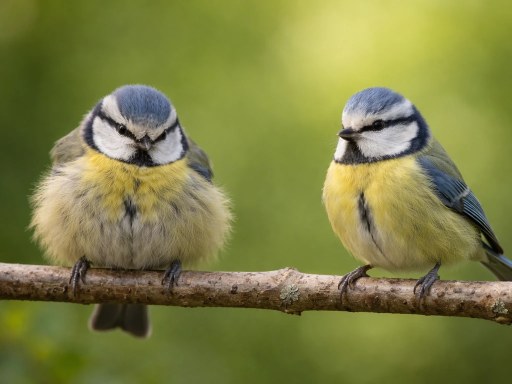 Two small birds on a branch: one fluffed and low like weakness, the other upright and relaxed at rest.