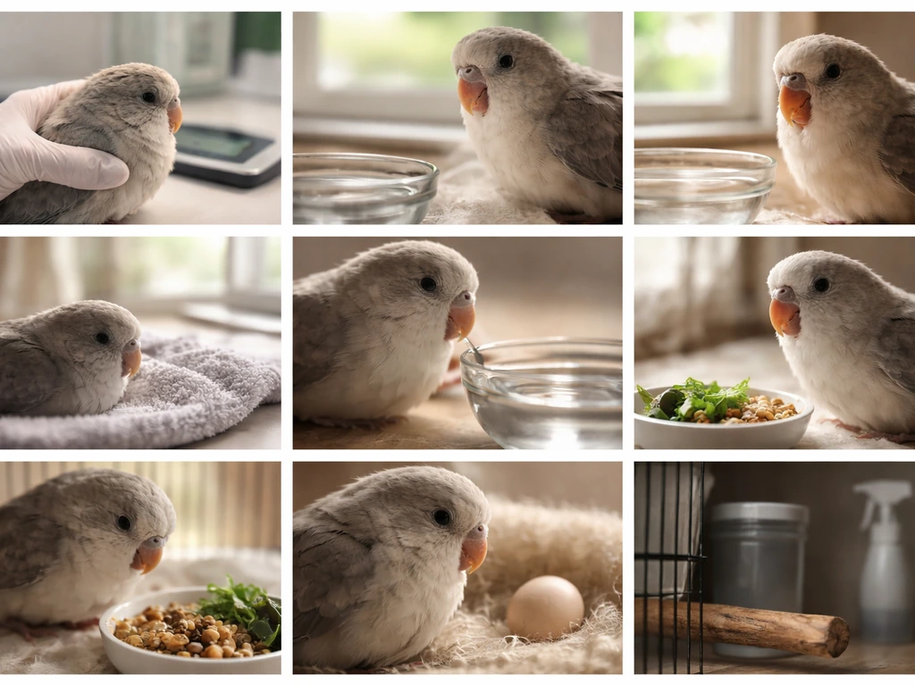 Minimal photo-collage showing bird weakness causes: illness, breathing issues, dehydration, stress, and toxins.