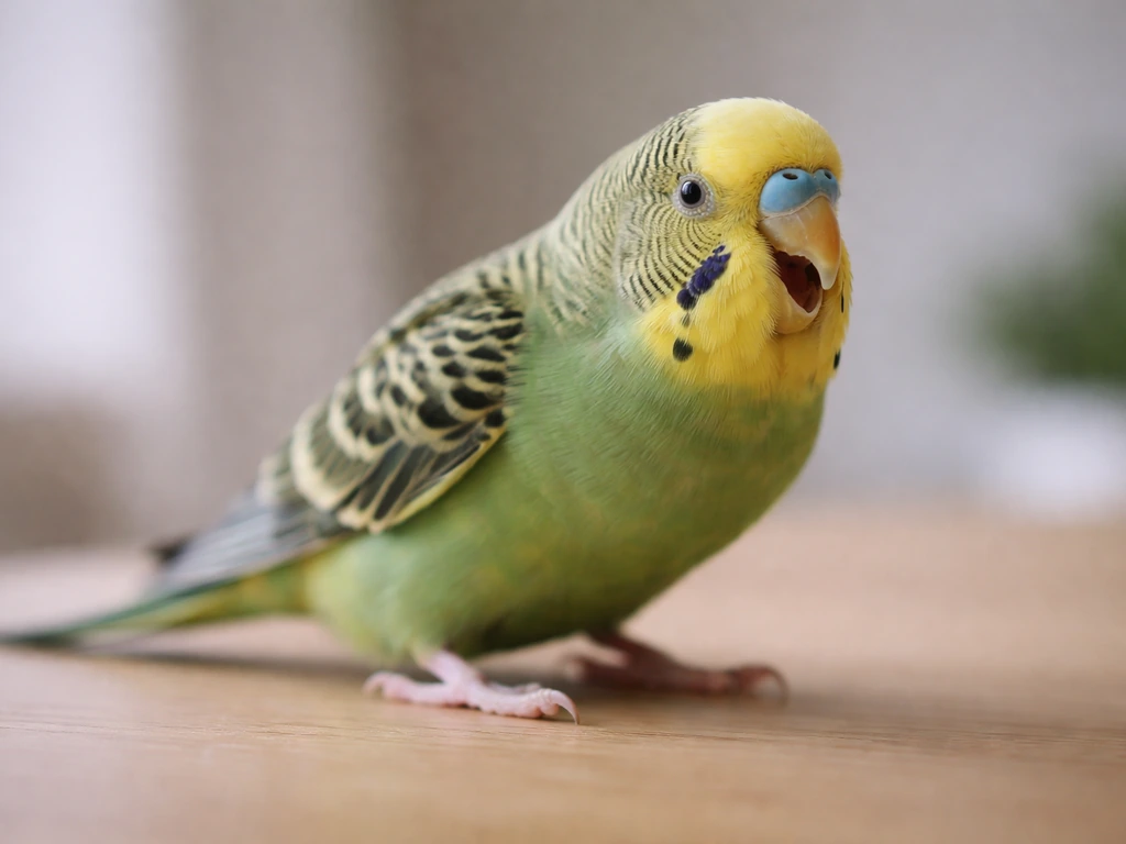 Small bird perched indoors with tail bobbing and open-mouth breathing posture, close focus on nose area.