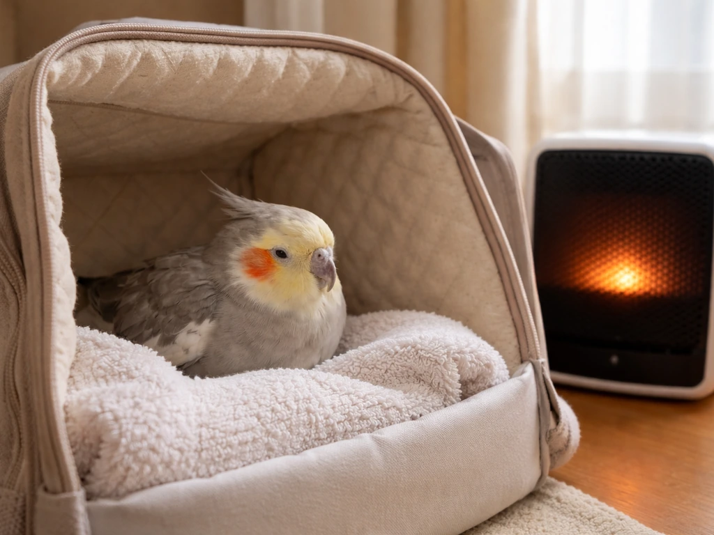 Calm small bird resting in a cozy carrier in a warm quiet room with gentle low heat nearby.