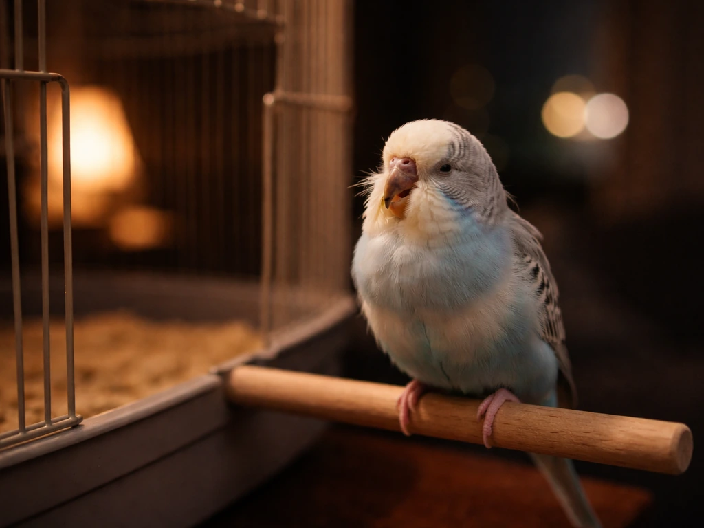 A small pet bird perched near its cage at night, softly lit, suggesting sneezing concerns.