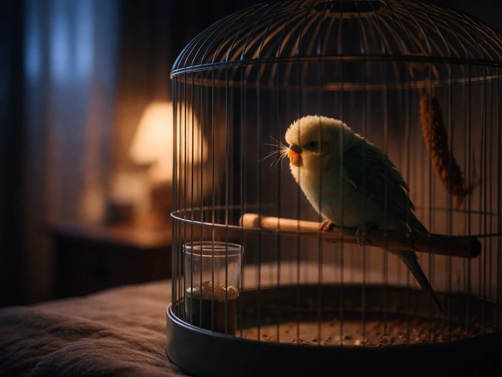 Dim night scene of a bird in its cage showing a sneeze posture after lights out.