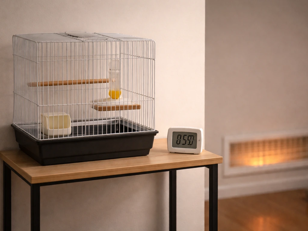 Digital hygrometer near a pet bird cage with a wall vent/radiator blurred behind, suggesting low indoor humidity.