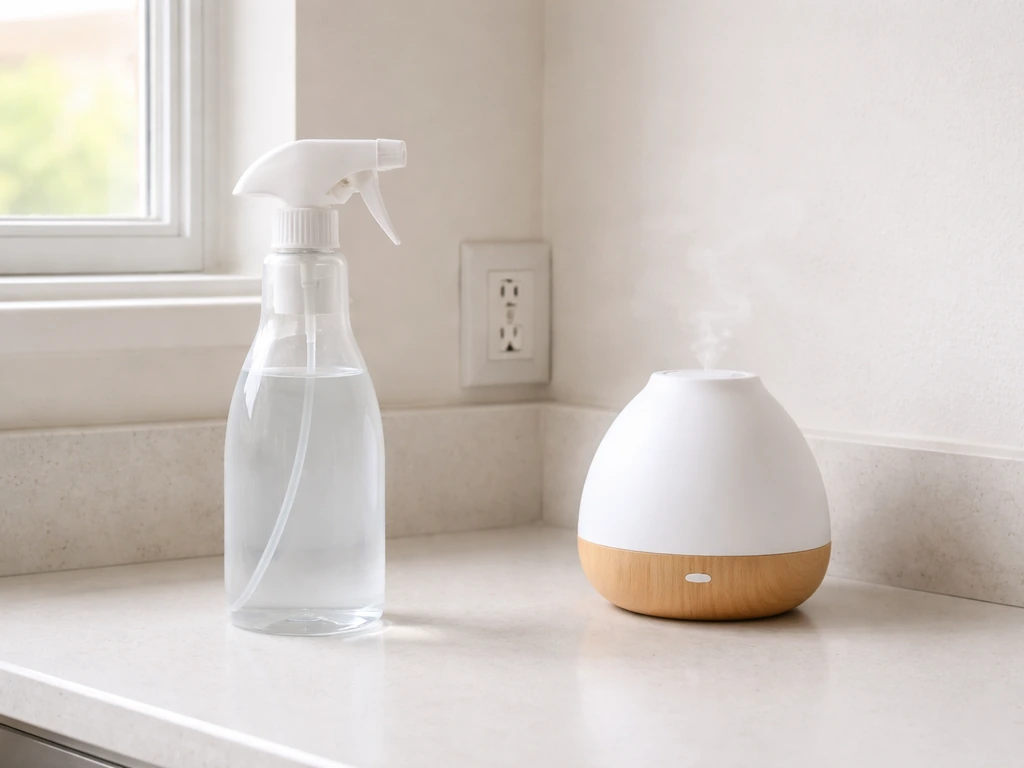 Close view of an unplugged spray cleaner bottle and an off essential oil diffuser on a countertop